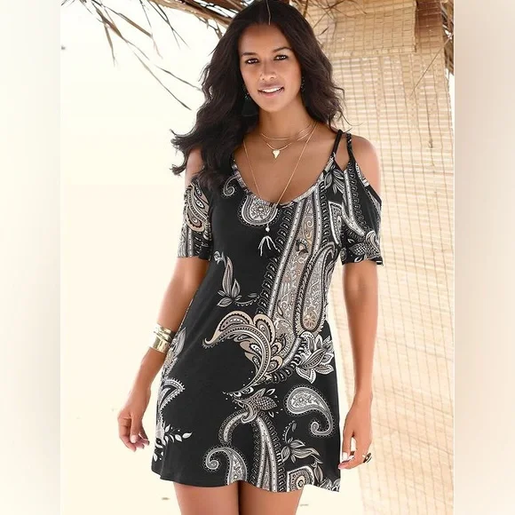 VENUS | Dresses | Venus Coldshoulder Casual Dress Black Multi Size L |  Poshmark
